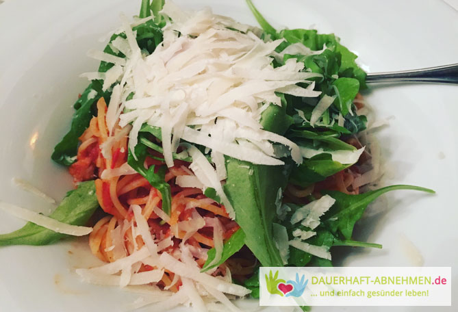 Spaghetti mit Rucola, Tomaten und Parmesan